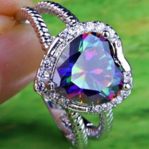 Silver Mystic Topaz Heart Cocktail Ring Size 10 11 12 13 Rhodium Plated - Picture 7 of 8